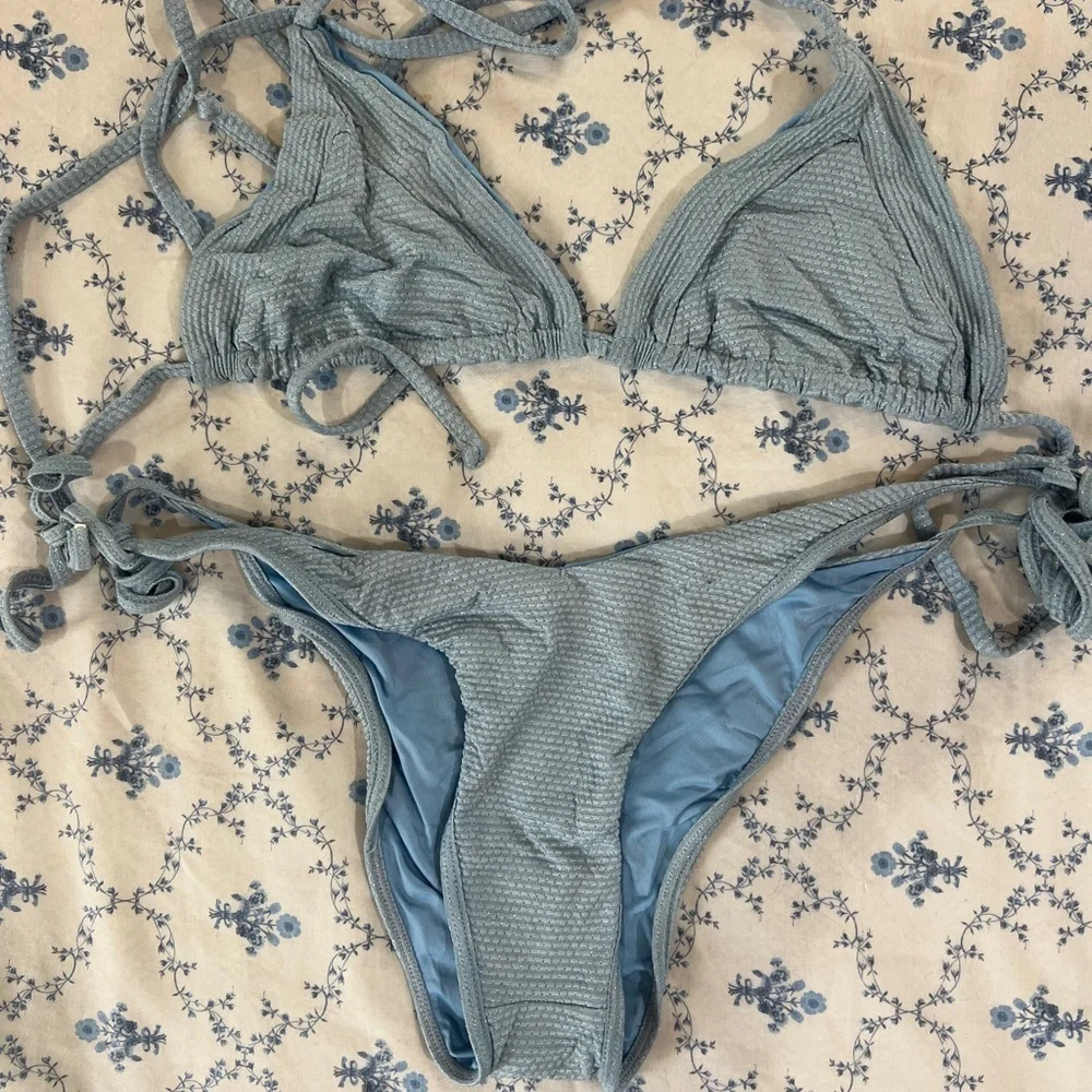 Frankie’s Bikinis Blue Textured Bikini Set Small | Triangle Top Tie Side Bottoms